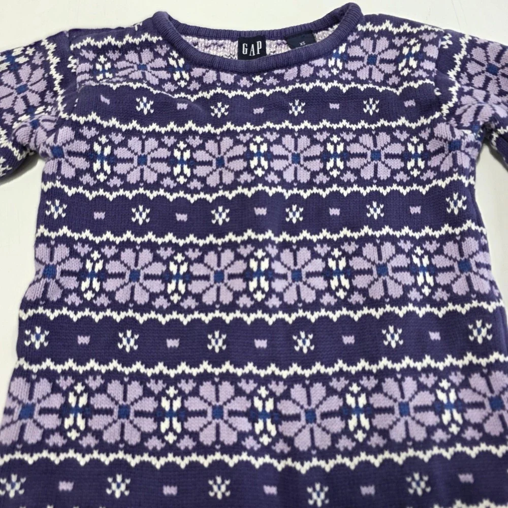Vtg Gap Sweater Girls XS Purple Fair Isle Cotton Winter Pullover‎ Snowflake Knit